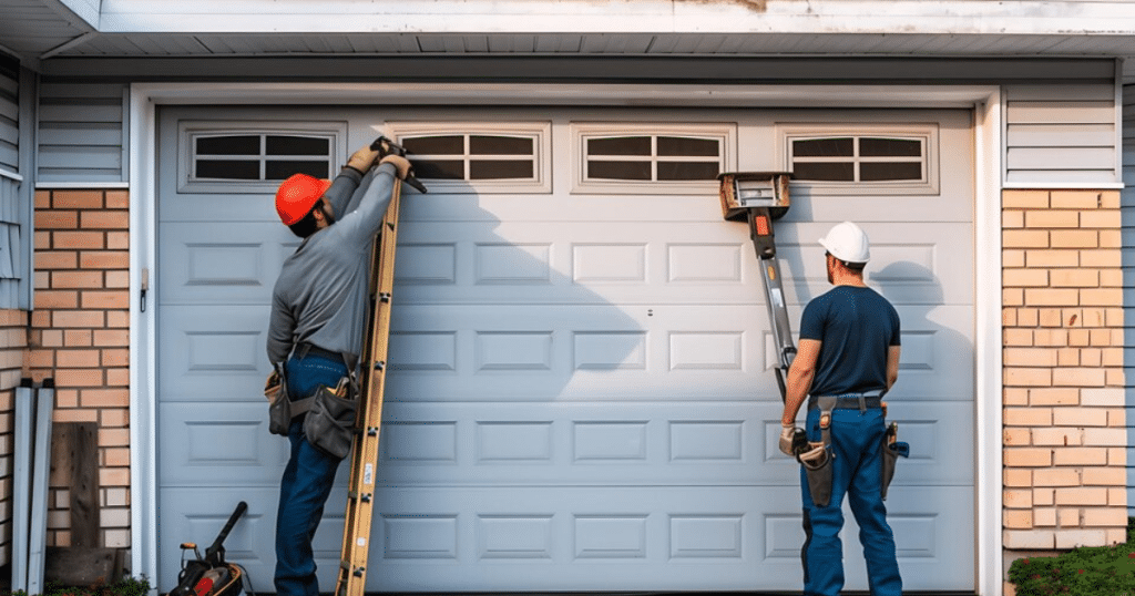 Two men repair garage door panel